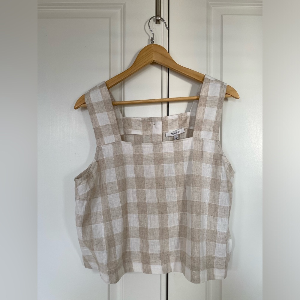 Madewell gingham check cropped linen blend top- NWT